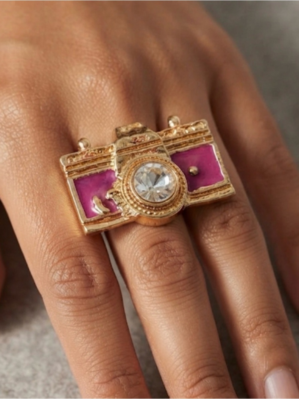 Gold-Tone Pink Enamel Statement Ring with Clear Crystal